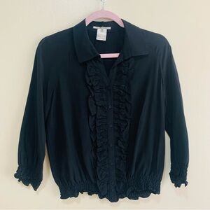 Gerard Darel Black Ruffle-Front Button Down Silk Blouse